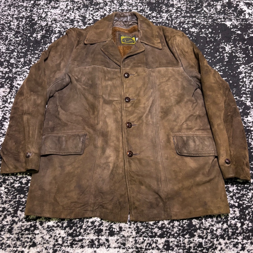 Vintage 70s 80s Brown Suede Leather Car Coat Faux Fur Lined Jacket Mens 42